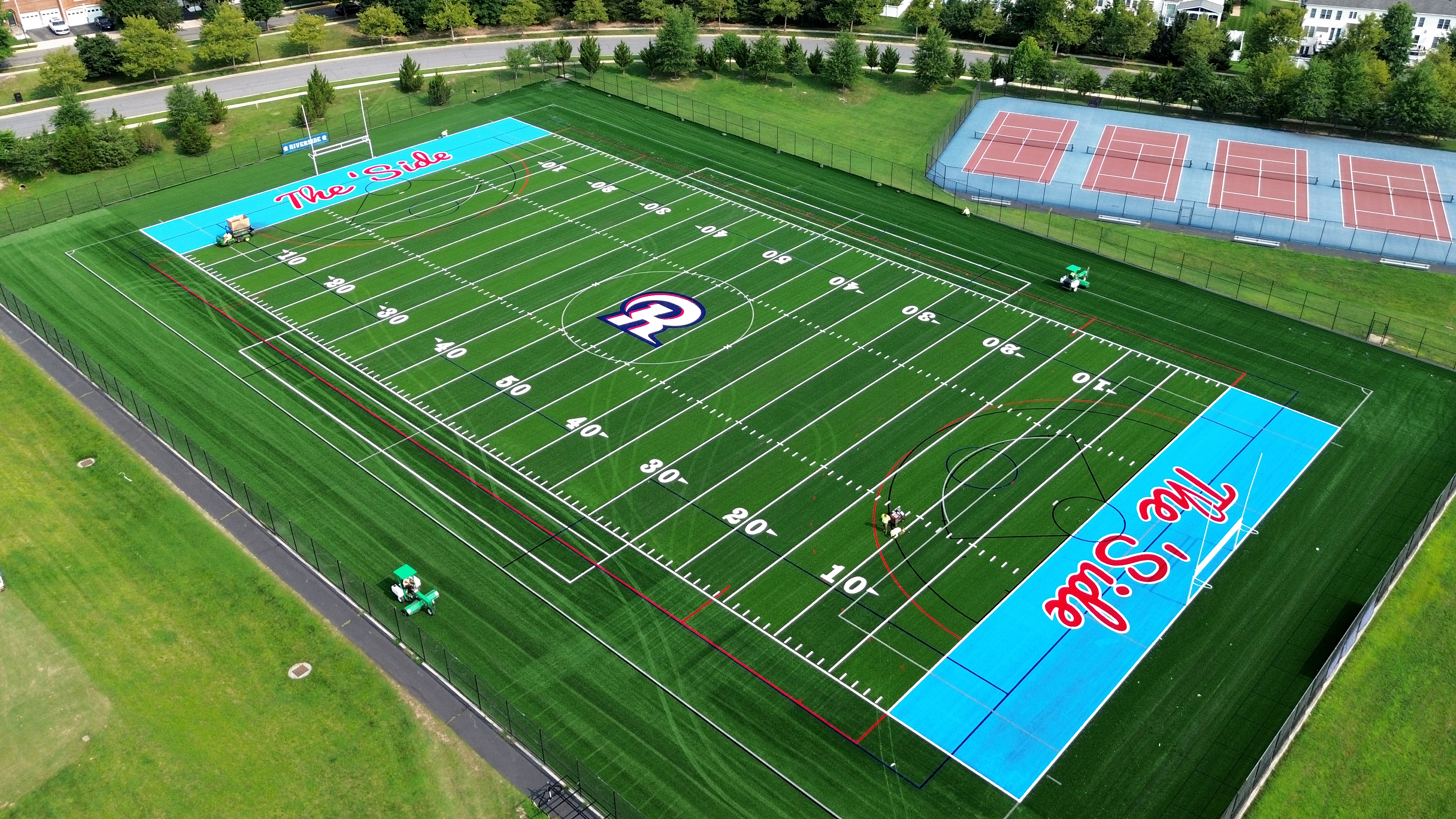 Aerial view of the replacement turf at Riverside High School